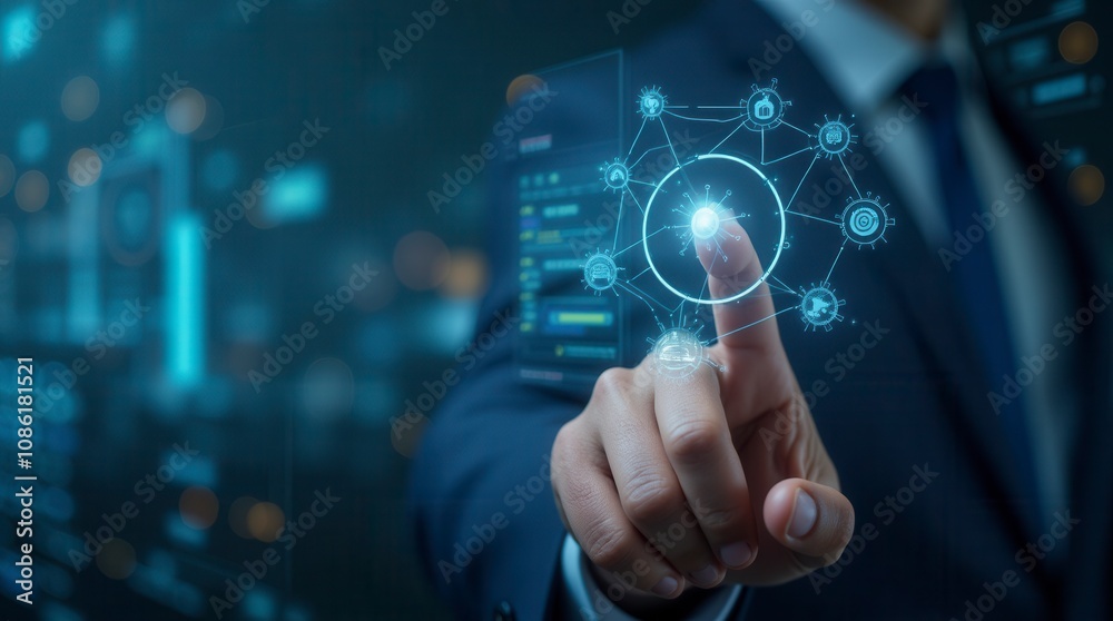 Digital Technology and Internet Connection Concept with Virtual Screen and Data Exchange