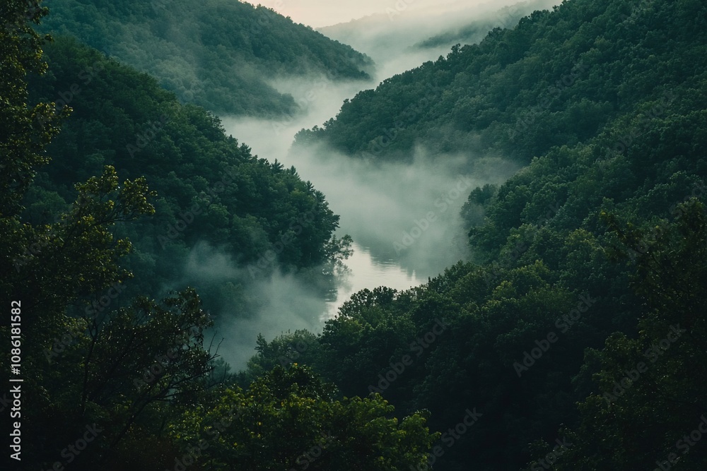 Misty Valley: A Serene River Flowing Through Lush Green Forests Misty Valley: A Serene River Flowing Through Lush Green Forests
