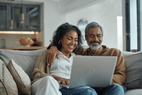 Wallpaper Mural Middle aged couple smiling on sofa using laptop at home Torontodigital.ca
