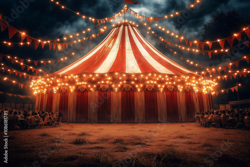 huge circus tent at night with lights with audience