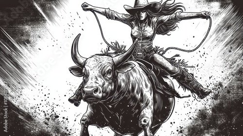 Pin-up woman bull cowgirl in full rodeo action, riding bull with a lasso sketch engraving  fictional character raster illustration. Scratch board imitation. Black and white image. photo