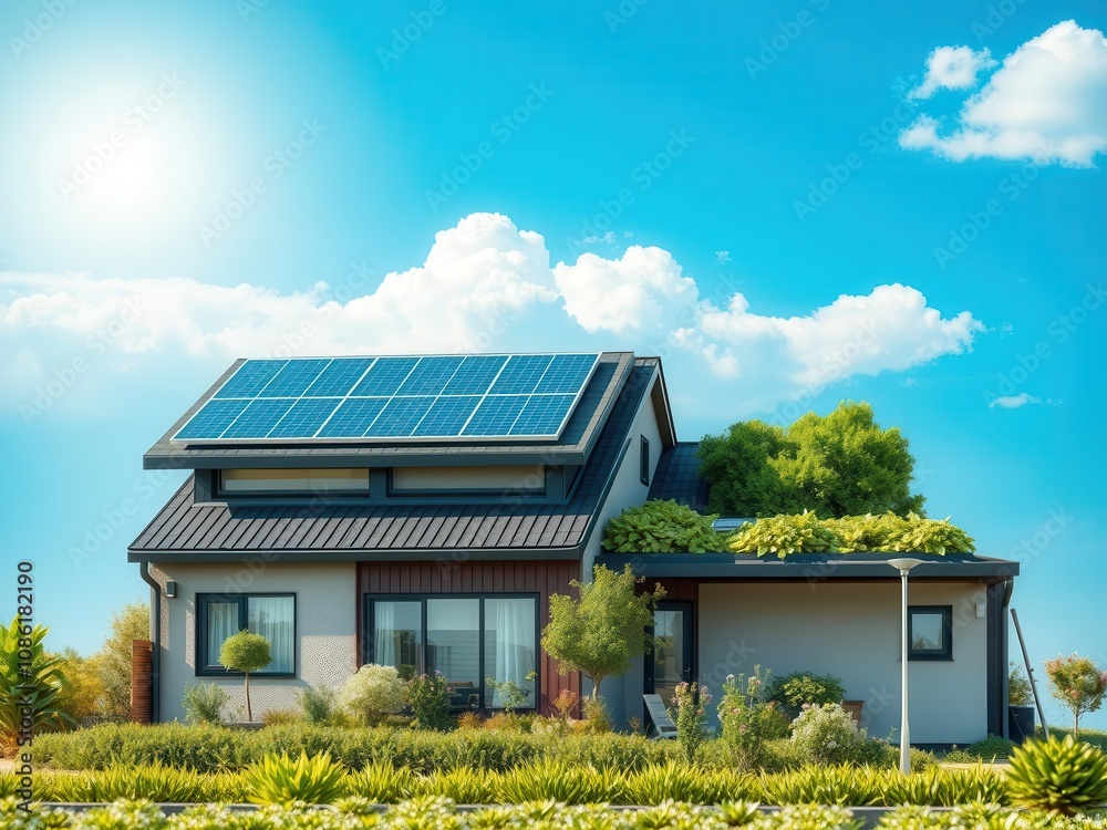 A modern solar energy house with sleek design and solar panels on the roof, technology, living A modern solar energy house with sleek design and solar panels on the roof, technology, living