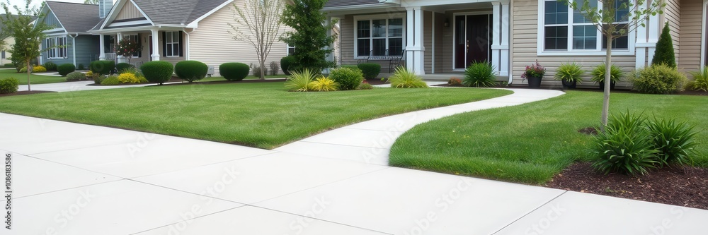 A well-maintained concrete yard in front of a suburban house, landscape, yard