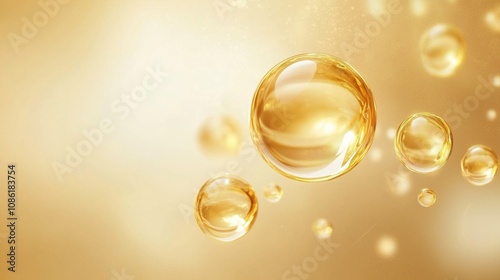 Translucent oil globules infused with collagen, shimmering gently on a serene pastel background.