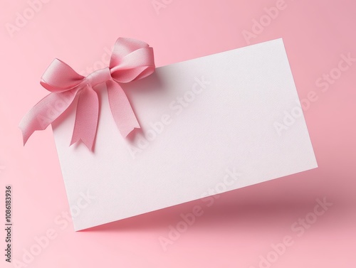 Minimal White Gift Card with Pink Ribbon Bow on Pastel Pink Background 3D