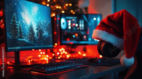Santa hat at the gamer's computer, Christmas promotion on gaming items