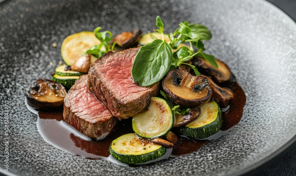 Seared rare beef fillet with mushrooms and zucchini elegantly arranged on a modern plate. Seared rare beef fillet with mushrooms and zucchini elegantly arranged on a modern plate.