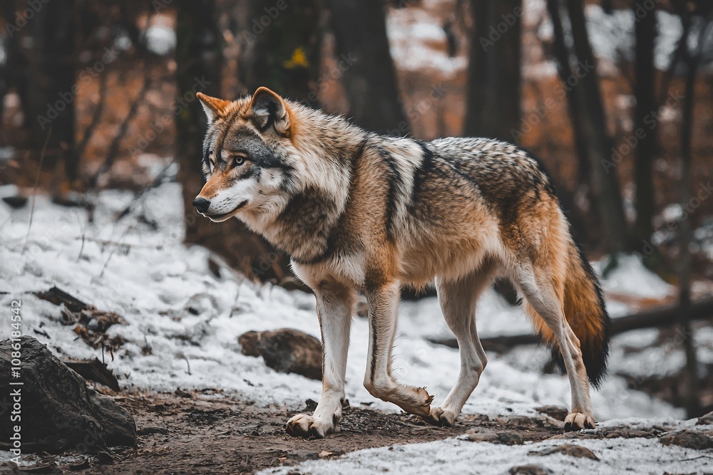 Majestic Wolf in Snowy Forest Setting Majestic Wolf in Snowy Forest Setting