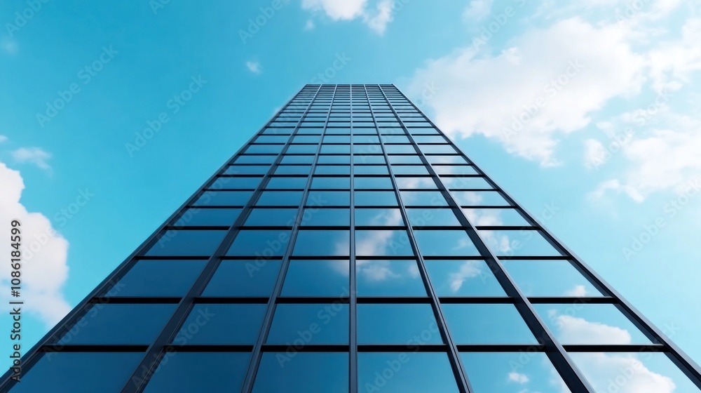 A skyscraper viewed from below against a blue sky. A skyscraper viewed from below against a blue sky.