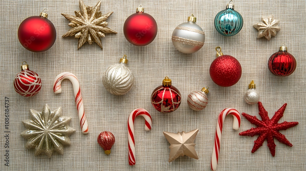 Christmas Decorations on a Burlap Background Christmas Decorations on a Burlap Background