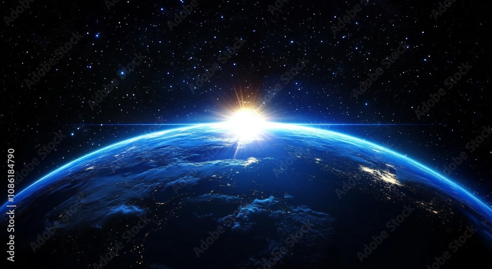 Fototapeta premium breathtaking view of Earth from space with sunburst over horizon
