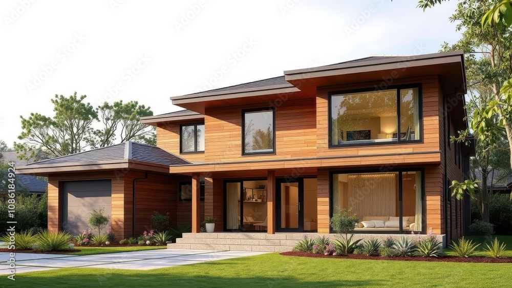 Stylish modern home exterior with wooden accents and large windows, wooden, home Stylish modern home exterior with wooden accents and large windows, wooden, home