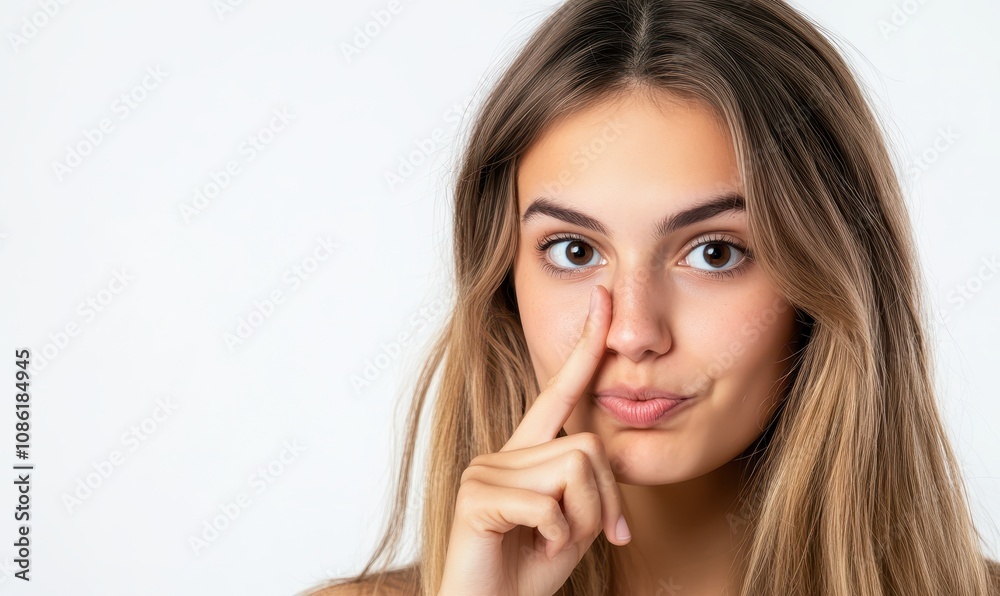 She touches her nose with a fingertip over an isolated white background. She touches her nose with a fingertip over an isolated white background.