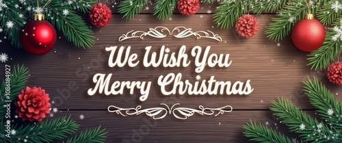 This charming image captures the essence of the holiday spirit with a beautifully arranged display of pine branches, red ornaments, and pine cones framing the heartfelt message, 