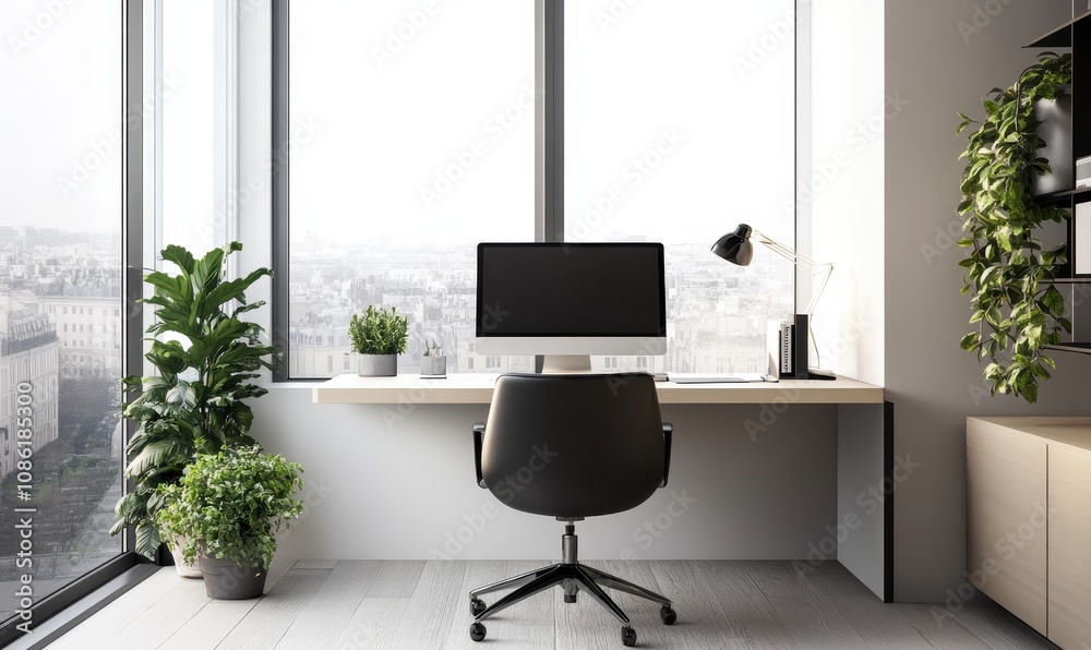 Fototapeta premium Sleek and minimalist home office setup with a sleek desk, ergonomic chair, minimalist decor, and ample natural light, offering a functional and aesthetic workspace.