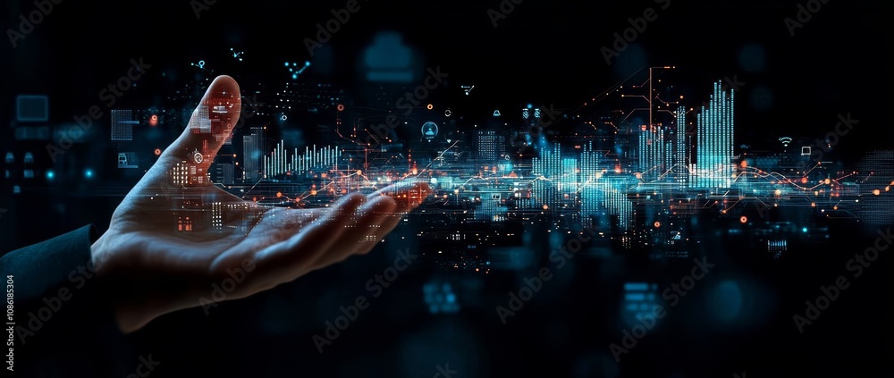 Futuristic Business Interface with Digital Icons and Growth Graphs for Financial Analysis and Investment Strategy