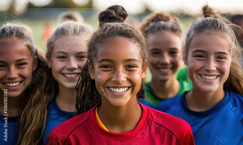 Smiling portrait of a diverse group of female teenage soccer players