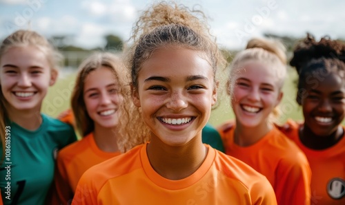 Smiling portrait of a diverse group of female teenage soccer players