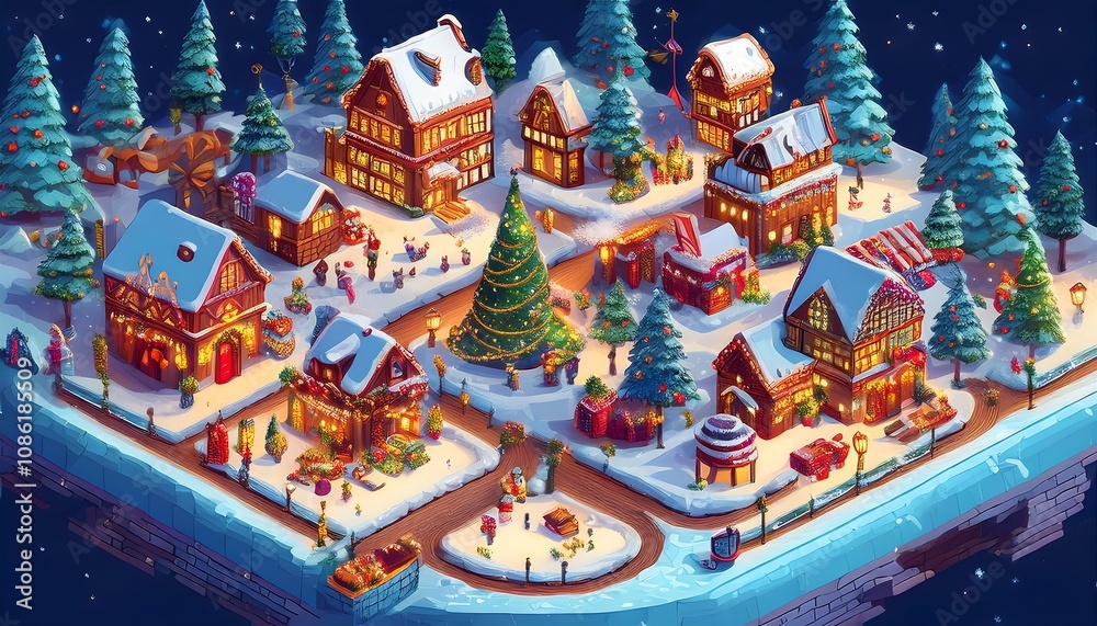 Naklejka premium A festive pixel art map of a charming Christmas village showcasing Santas sleigh launch and holiday activities. Generative AI