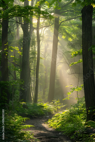 Ethereal Misty Morning in a Dense Forest Illuminated by Gentle Sunlight