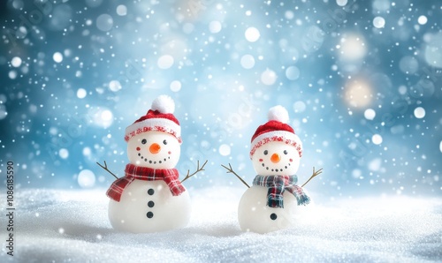 Snowmen standing in winter Christmas landscape.Winter background.