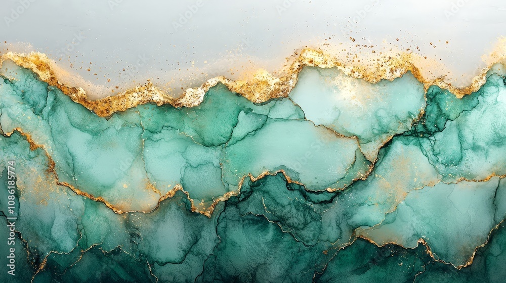 Abstract fluid art featuring teal and gold hues with intricate patterns. Abstract fluid art featuring teal and gold hues with intricate patterns.