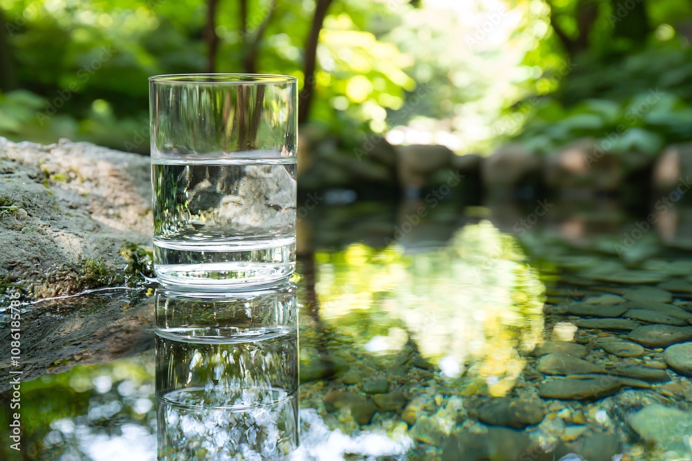 Refreshing Water Glass by a Tranquil Stream in Nature's Embrace Refreshing Water Glass by a Tranquil Stream in Nature's Embrace