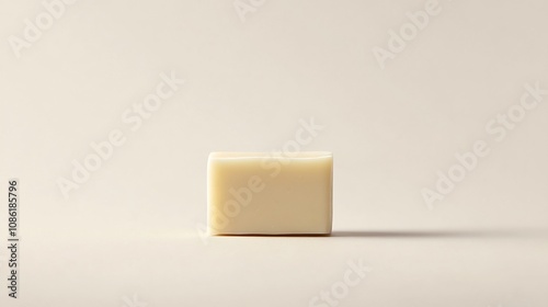 A Single Bar of White Soap on a Beige Background