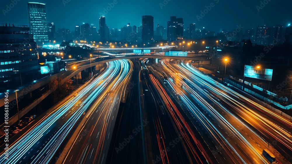 Obraz premium Night City Highway Traffic Light Trails