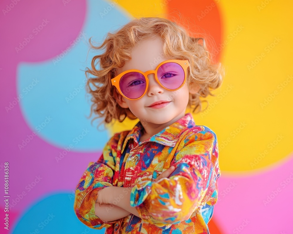 Stylish child in vibrant fashion poses against colorful background Stylish child in vibrant fashion poses against colorful background