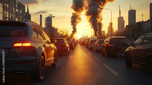 Urban Traffic Jam at Sunset with Dramatic Sky and Emissions from Vehicles, Capturing the Essence of City Life and Environmental Concerns