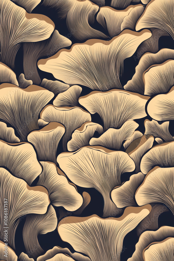 Obraz premium Oyster mushroom line art wallpaper pattern design. Luxury natural hand drawn golden oyster mushroom pattern in minimalist linear contour style in black background for fabric, wallcovering, invitation.