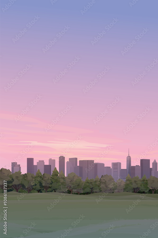 Public park with grass field in the city have silhouette skyscrapers and dramatic sky vertical background graphic illustration. Public park with grass field in the city have silhouette skyscrapers and dramatic sky vertical background graphic illustration.
