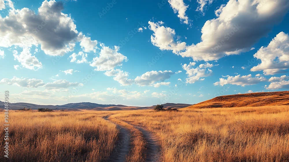 Country road through golden field under blue sky Country road through golden field under blue sky
