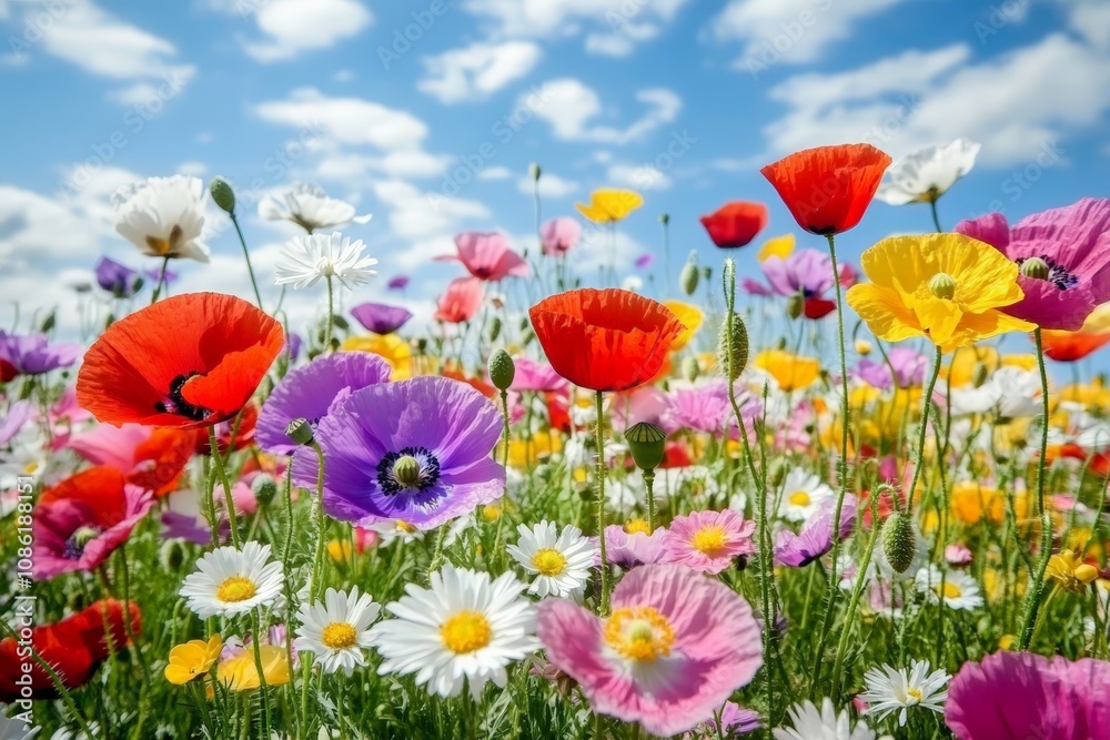 Obraz premium Vibrant Meadow of Blooming Poppies and Daisies Under Clear Sky