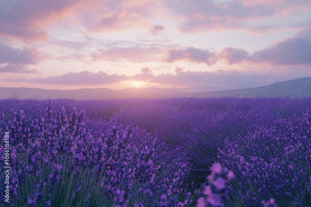 Fototapeta premium Lavender Fields Under a Beautiful Sunset