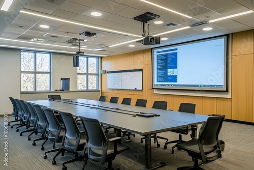 Modern Conference Room with a Large Table and Presentation Equipment