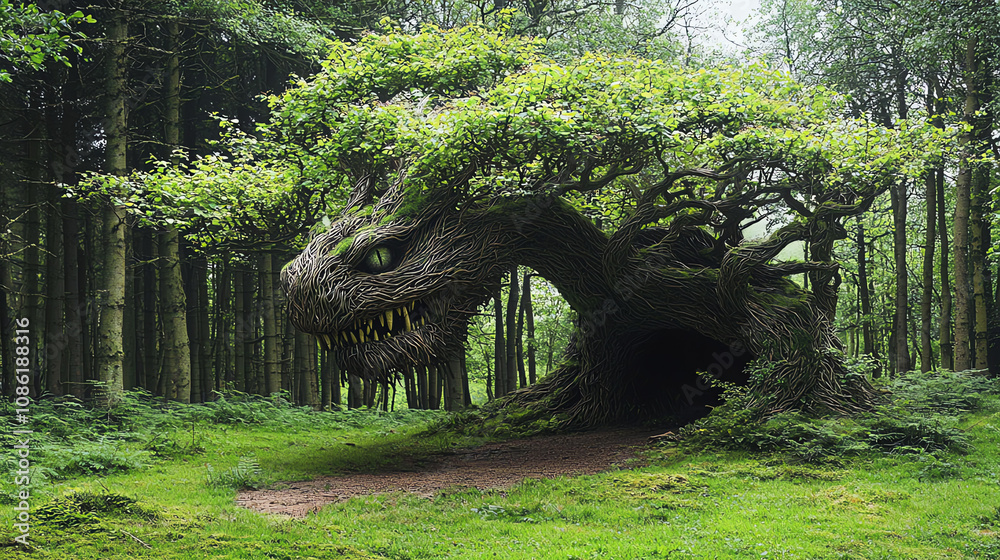 A uniquely trimmed tree resembling a dragon, surrounded by lush greenery in a peaceful forest during daylight A uniquely trimmed tree resembling a dragon, surrounded by lush greenery in a peaceful forest during daylight