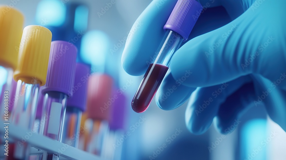 A laboratory scene showing a hand holding a blood sample in a test tube. A laboratory scene showing a hand holding a blood sample in a test tube.