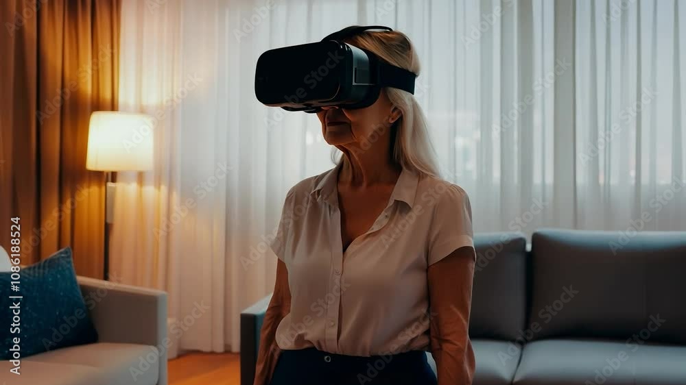 Elderly woman wearing a virtual reality headset standing in a modern ...
