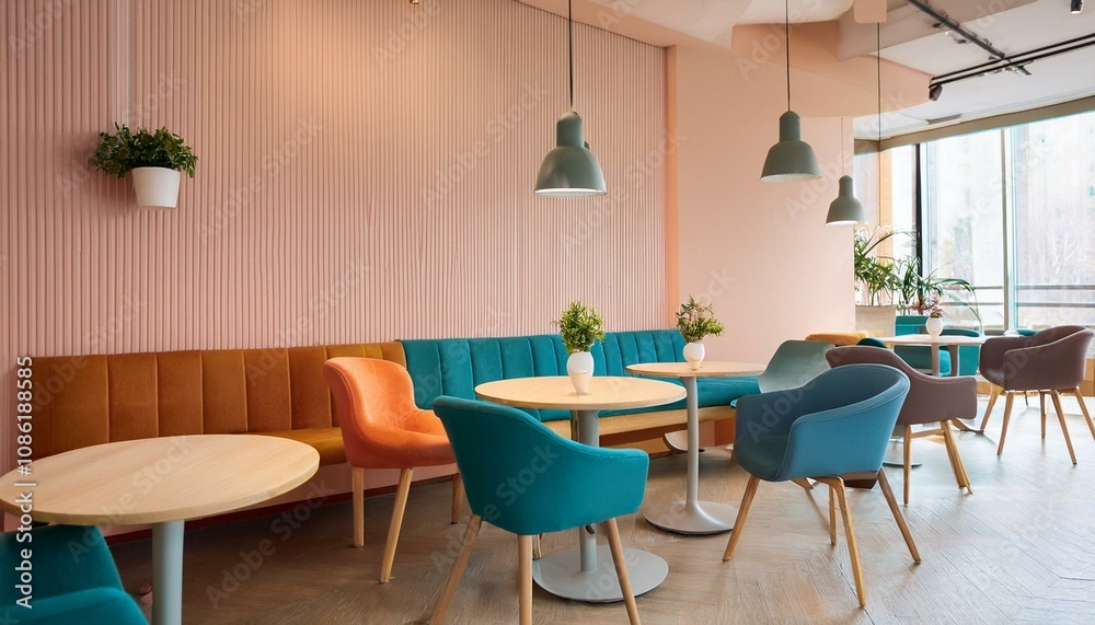 Fototapeta premium Colored modern cafe interior with chairs and tables with couch, beige wall