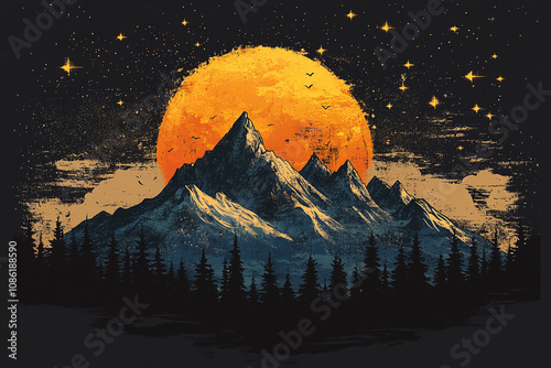 Majestic Mountains Sunset Starry Night Sky