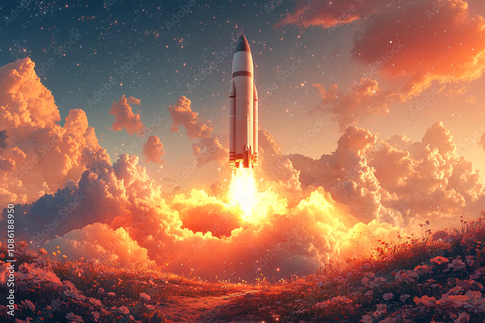 Rocket Launching Through Sunset Cloudscape Over Field Of Flowers Rocket Launching Through Sunset Cloudscape Over Field Of Flowers