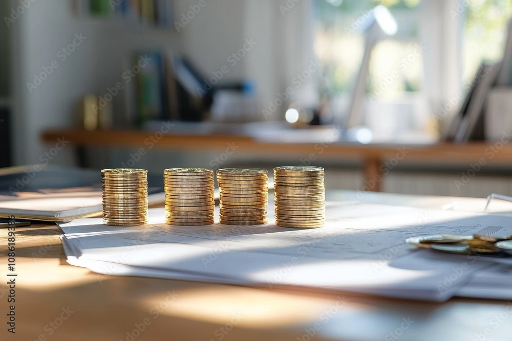 Stacks of coins arranged neatly on a wooden desk with bright natural light illuminating a workspace, symbolizing financial growth and investment opportunities in a modern setting Stacks of coins arranged neatly on a wooden desk with bright natural light illuminating a workspace, symbolizing financial growth and investment opportunities in a modern setting