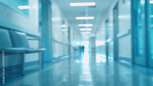 A blurred view of a hospital corridor with chairs and soft lighting, suggesting a clinical environment.