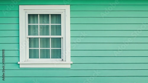 A turquoise wall featuring a white-framed window.