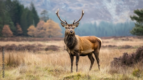 Red Deer Stag in Autumn Meadow