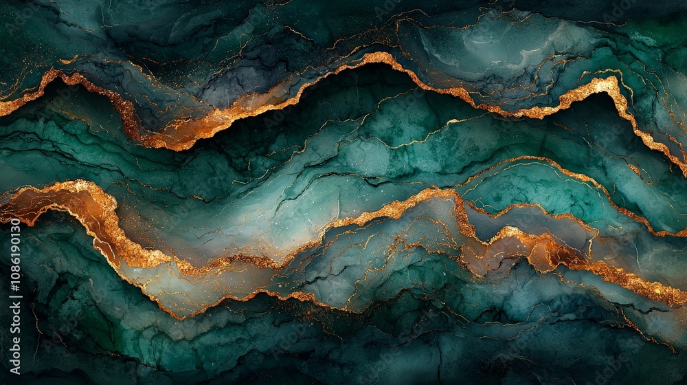 Abstract fluid art featuring teal and gold waves, creating a serene and elegant design. Abstract fluid art featuring teal and gold waves, creating a serene and elegant design.