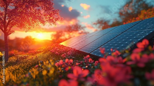 Solar Panels in a Vibrant Spring Landscape at Sunset Surrounded by Blooming Flowers and Glowing Sunlight in a Sustainable Energy Concept photo