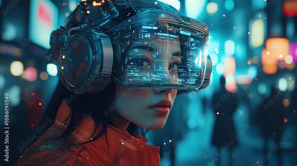 A futuristic woman wearing a high-tech visor in a vibrant urban setting. A futuristic woman wearing a high-tech visor in a vibrant urban setting.